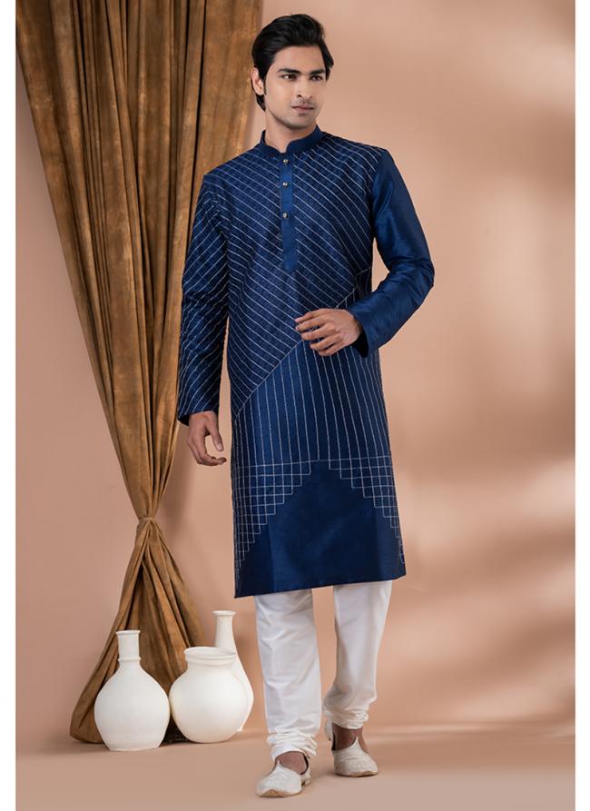 Banarasi Dhupion Navy Blue Festival Wear Weaving Kurta Pajama